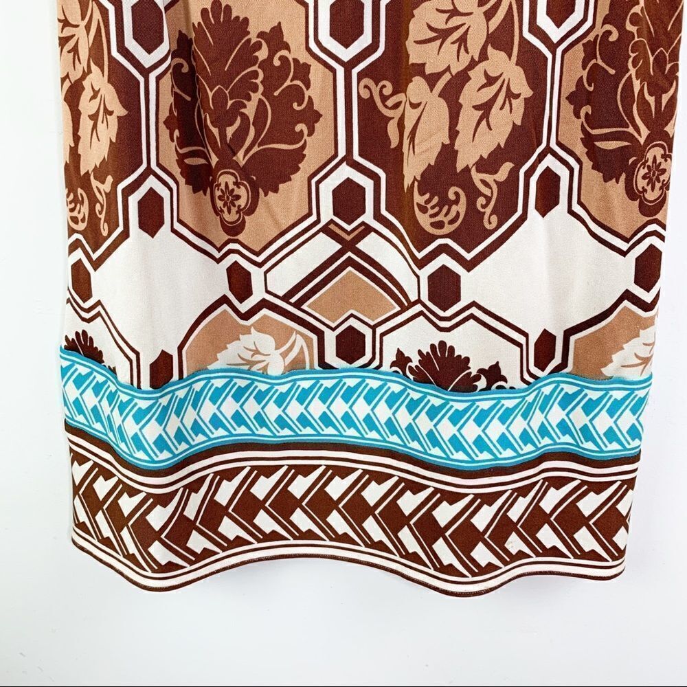 Hale Bob Multicolor Brown/White/Turquoise Geo Print Sleeveless Silk Dress Boho - Picture 3 of 12